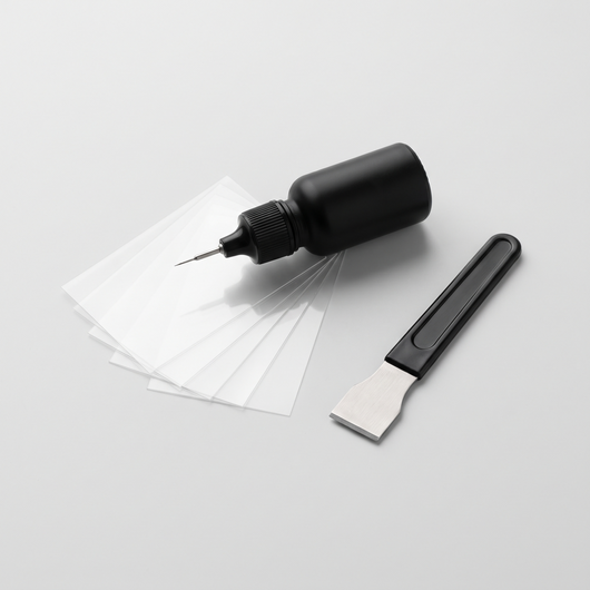 Swetagup GlassFix windshield repair kit: resin applicator, curing films and razor blade